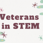 illustration of beakers and cells with text Veterans in STEM