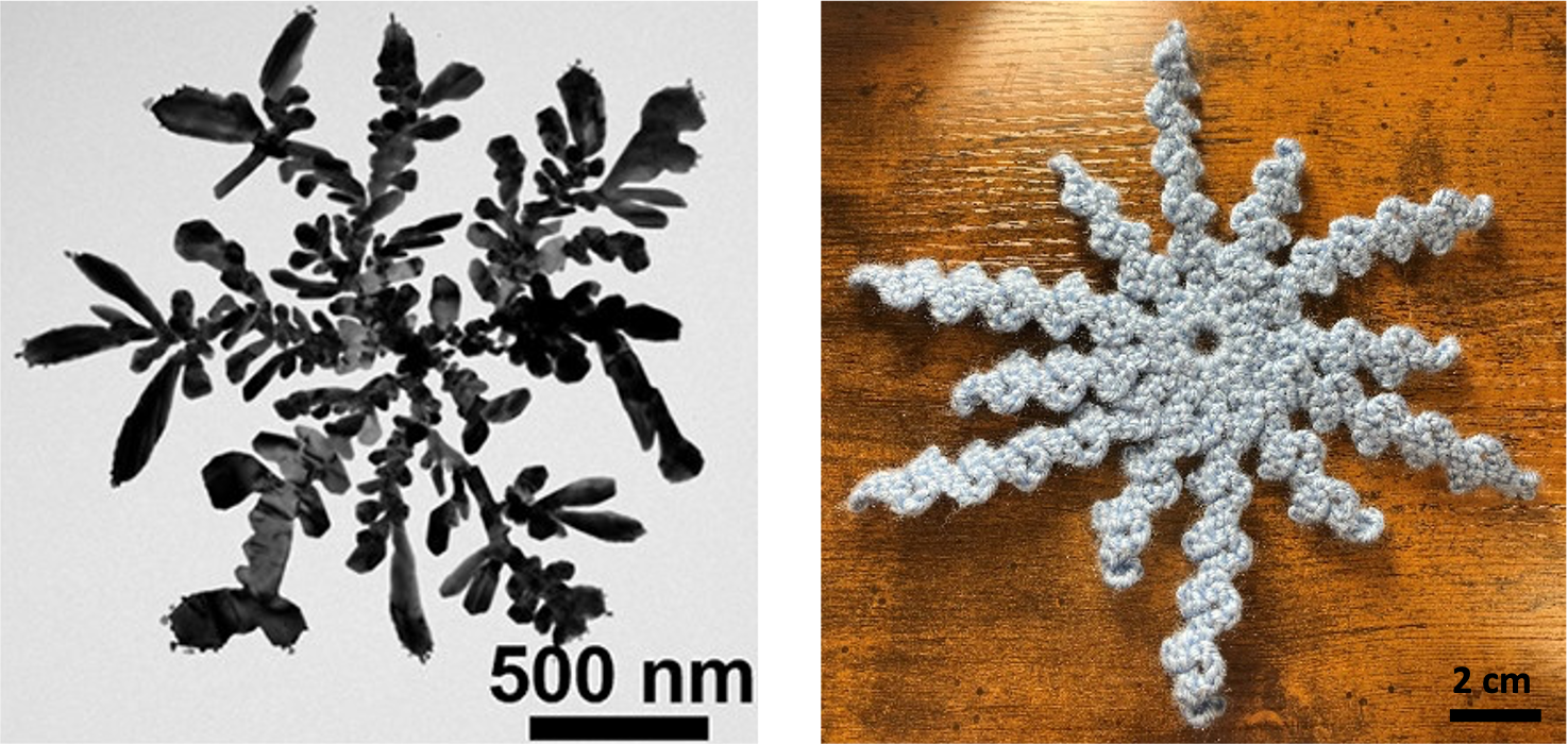 izquierda: nanocristal gris oscuro con forma de copo de nieve (barra de escala 500 nm). Derecha: forma de copo de nieve tejido a crochet de color gris claro con 12 brazos ondulados (barra de escala de 2 cm)