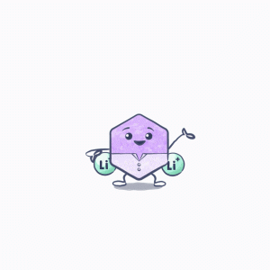 animation of a little purple lithium molecule tossing away Li+ ions