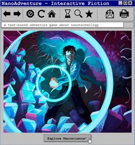 illustration of a person with dark hair and safety goggles surrounded by glowing blue light