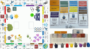 Image showing a Monopoly-like game board, cards, and game tokens